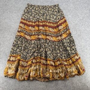First Option Skirt Womens M Midi Black Gold Floral Tiered Boho EUC